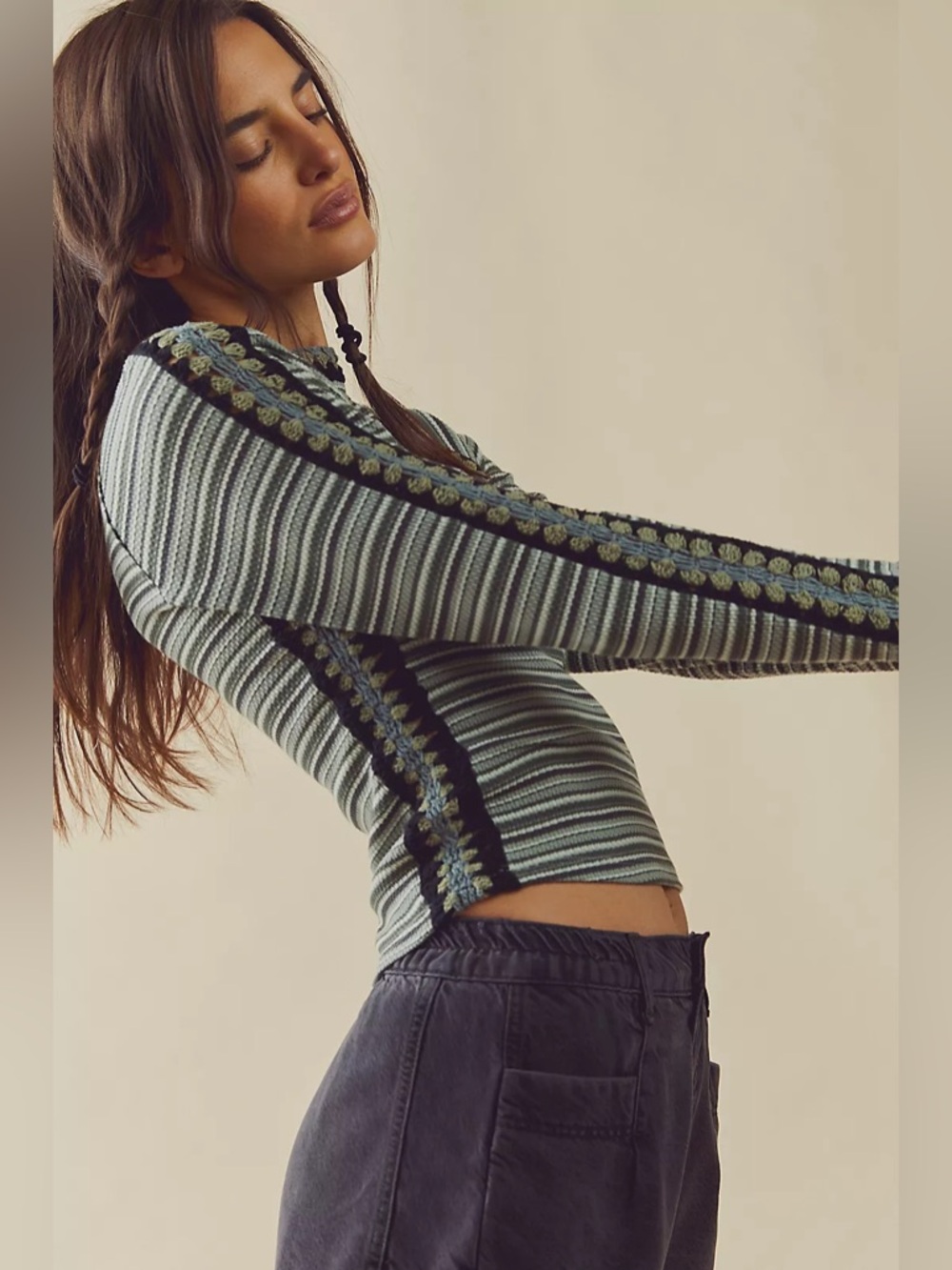 Free People Sunny Day Boho Festival Crochet Striped Long Sleeve Top.